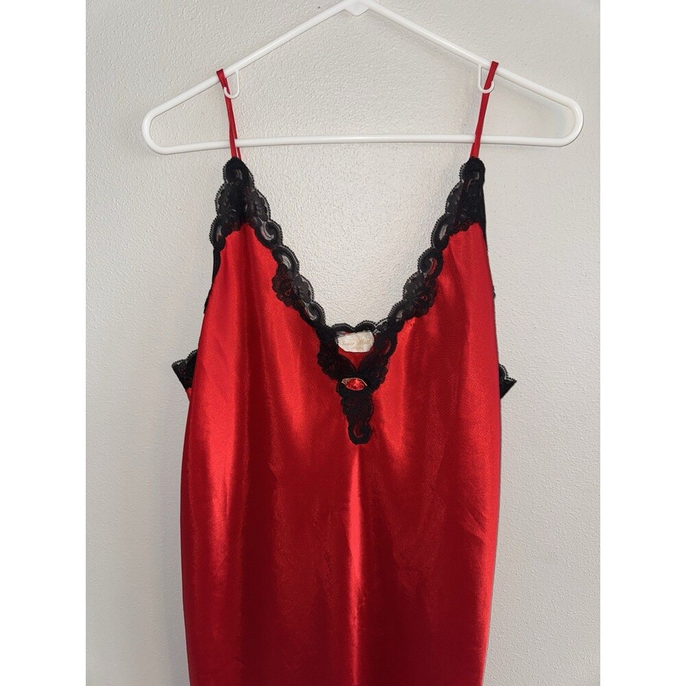 Vtg 90s Inner Most Sears Nightie Red Silk Satin Black Lace Nightgown Sz XL